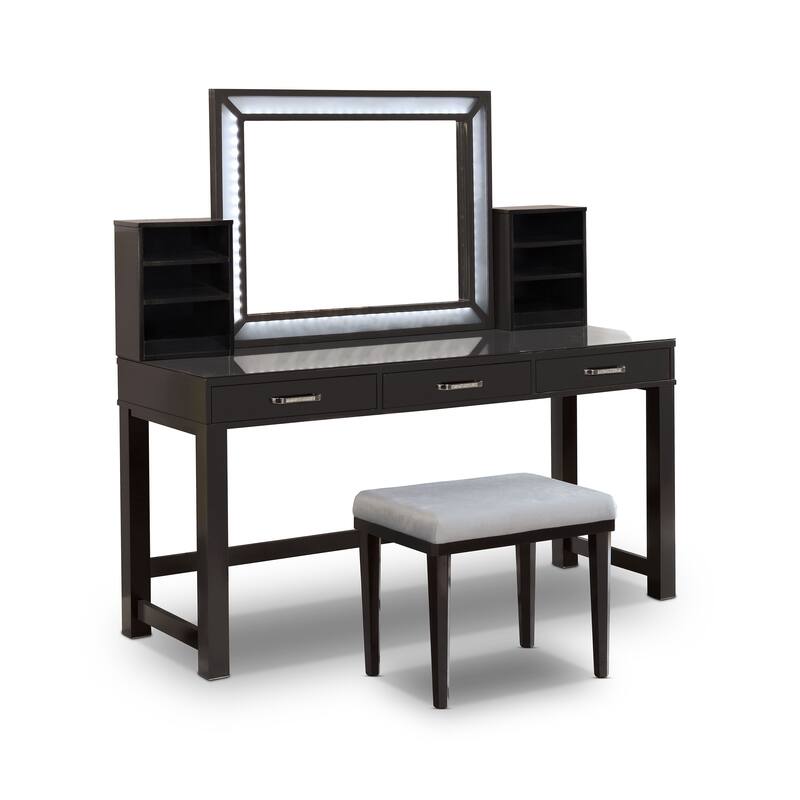 Furniture of America Wres Contemporary Solid Wood LED Light 3-Piece Makeup Vanity Set
