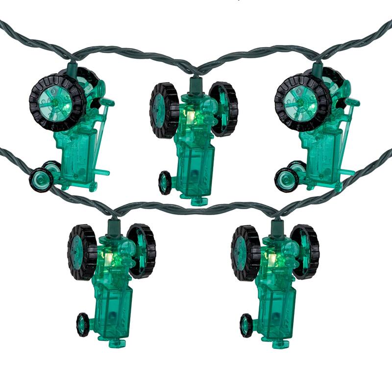 10 Green Tractors Clear White String Light Set - 6' Green Wire