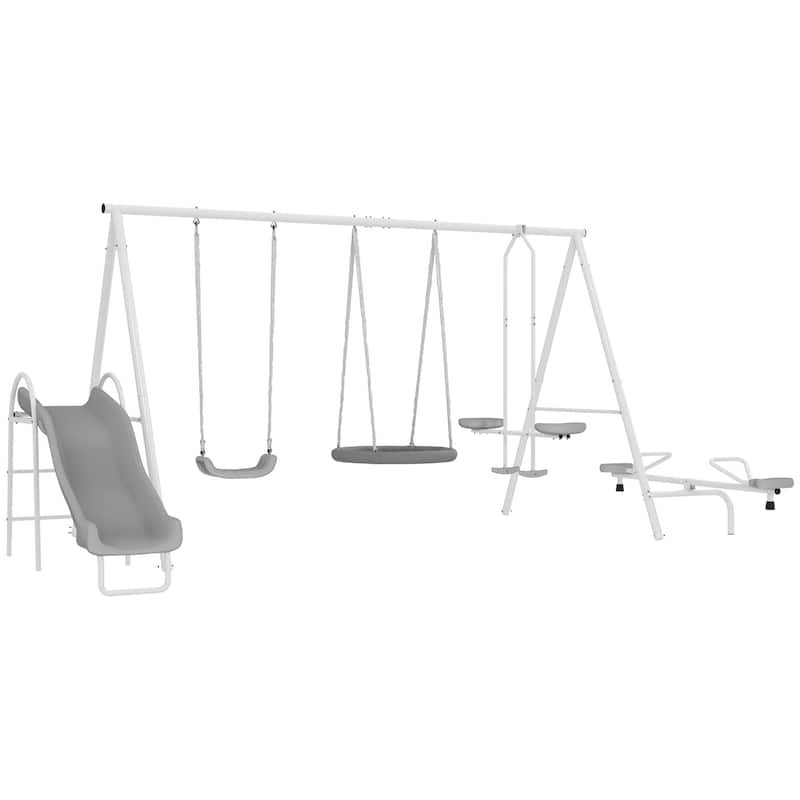 Outsunny 5-in-1 Kids Swing Set Backyard Playground Set, Metal Swing Set Kids Outdoor Playset Playground Equipment