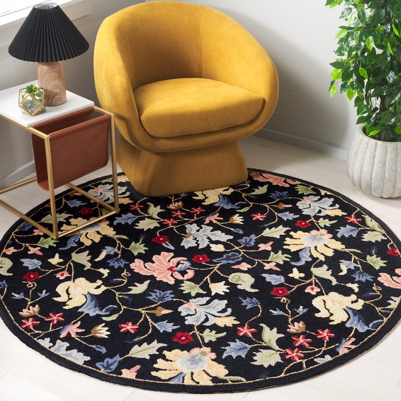 SAFAVIEH Handmade Chelsea Dineke French Country Floral Wool Rug - 5'6" Round - Black/Red