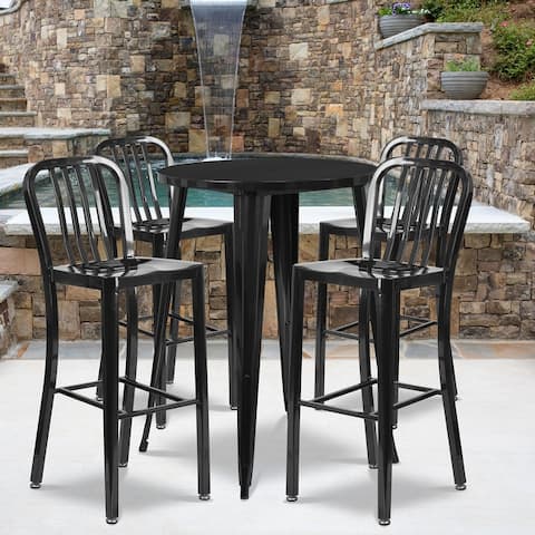 Global Pronex 30" Round Metal Indoor-Outdoor Bar Table Set with 4 Vertical Slat Back Stools