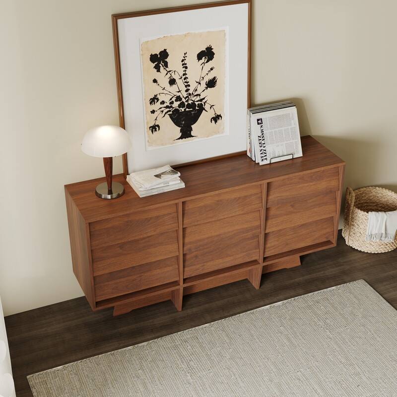 59" Mid Century Modern Sideboard Buffet Cabinet, Brown Wood Storage Cabinet with 9 Drawers for Living Room, Dining Room
