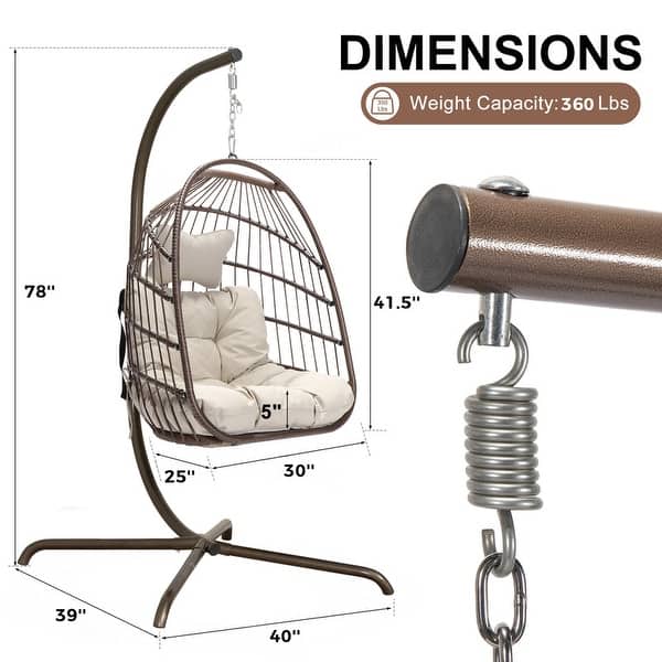 dimension image slide 1 of 5, Oversized 1-Person Foldable Hanging Egg Chair - Wicker Swing Chair with Stand, Portable for Indoor Outdoor Patio
