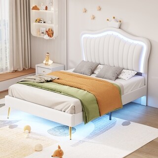 Modern Upholstered Princess Bed Frame with LED Lights and Crown Headboard