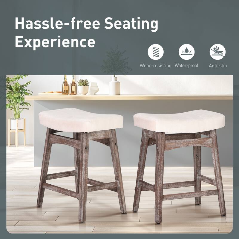 24 Inch Solid Wood Barstools with Linen / PU Leather Fabric Cushion, Set of 2