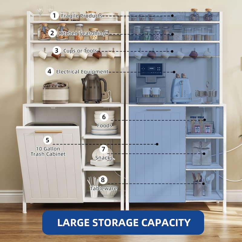 Moasis 6 Tier Kitchen Bakers Rack with Storage Shelves, Kitchen Organizer with Trash Can Bin Cabinet