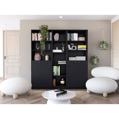 FM FURNITURE Grants 3 Piece Living Room Set with Sutton Slim Bookcase + 2 Sutton 2-Door Bookcase, Black