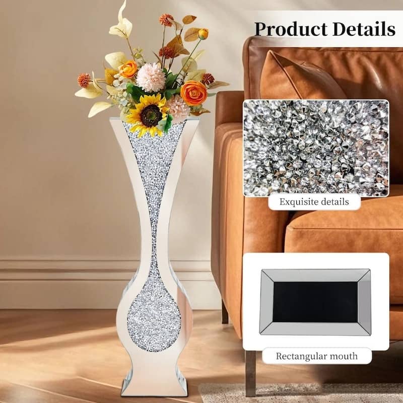 27" Tall Silver Mirrored Floor Vase Glam Crushed Diamond Vases