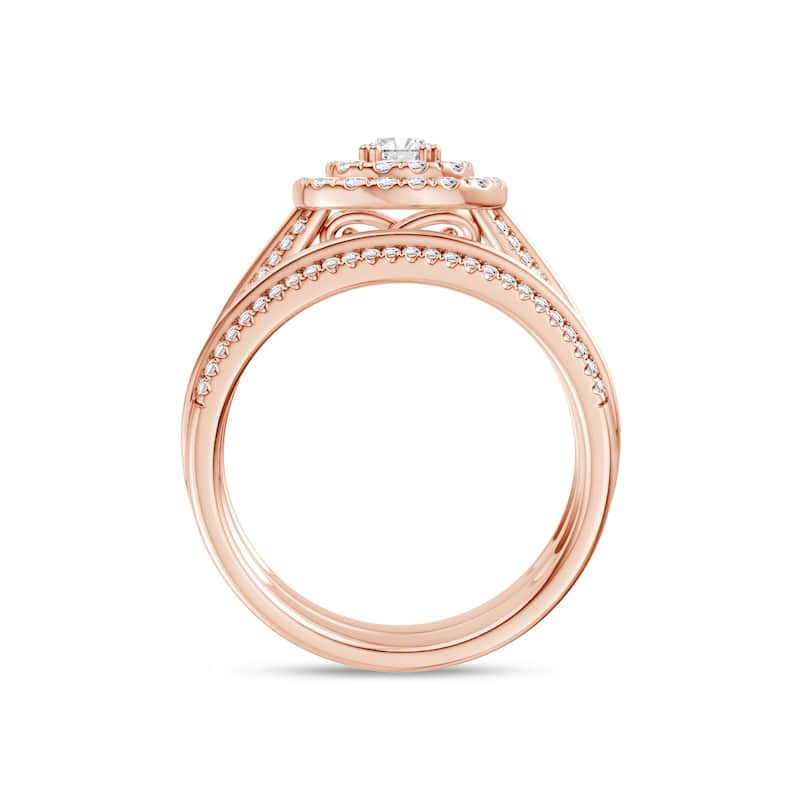1ct TDW Diamond Double Halo Bridal Set in 10K Rose Gold for Women - Pink