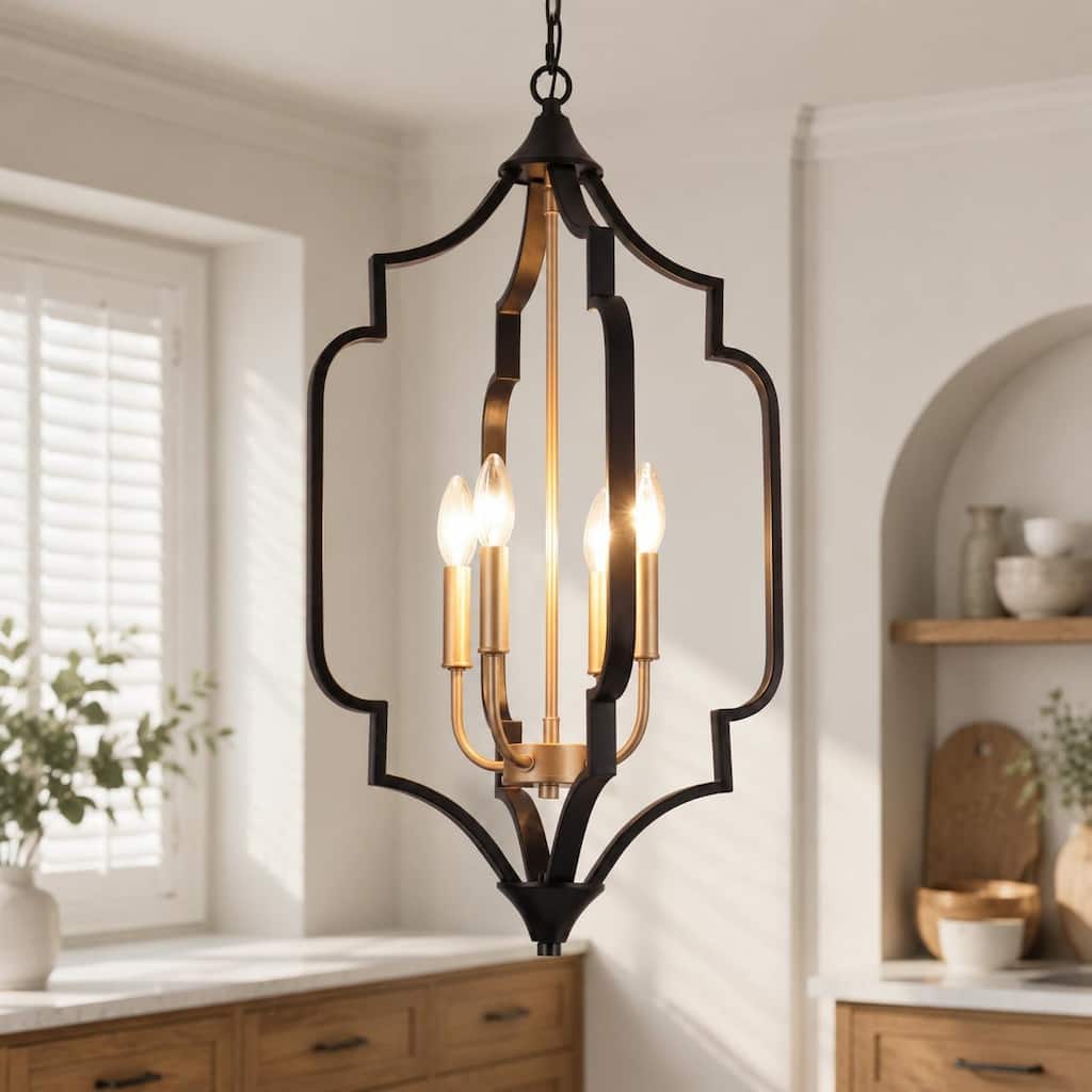 Modern Glam 4-Light Black Gold Chandelier Geometric Pendant Lights for Dining Room - 15" D x 27" H