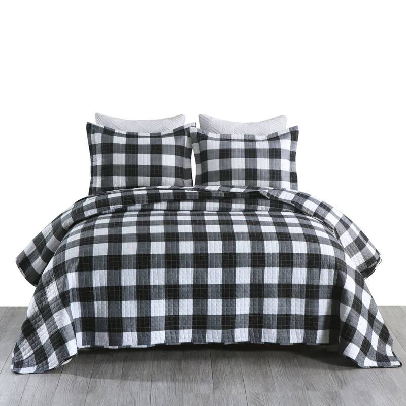 MarCielo 3Pcs Buffalo Plaid Check Quilt Bedspread Set B020 - Queen