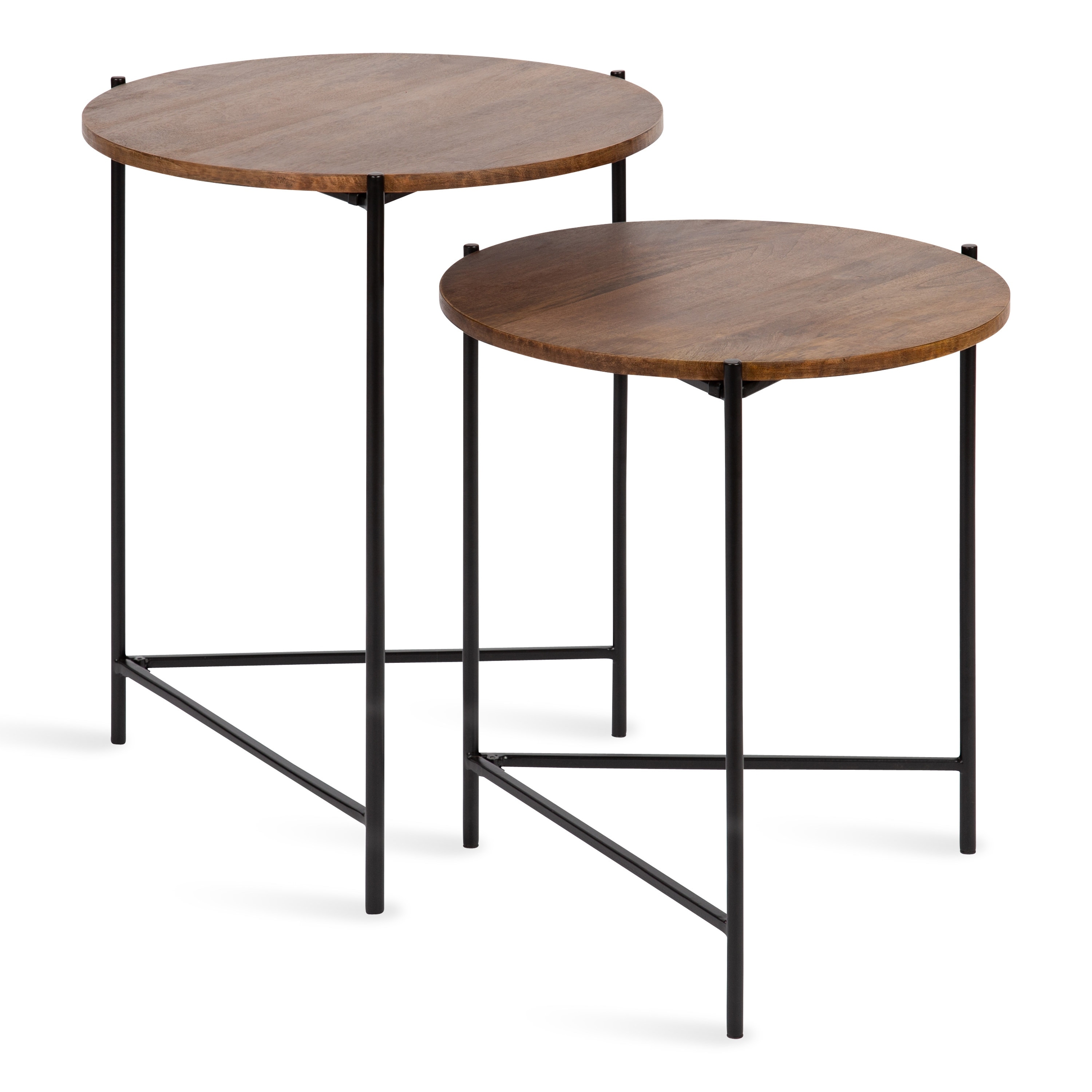 Two nesting tables with wooden tops and black metal frames in living room.
