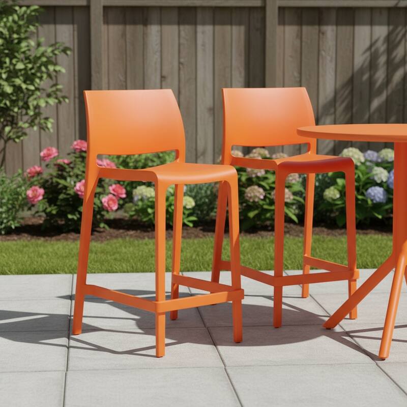 HomeRoots Set of Two 26" Orange Heavy Duty Plastic Low Back Outdoor Counter Height Bar Chairs