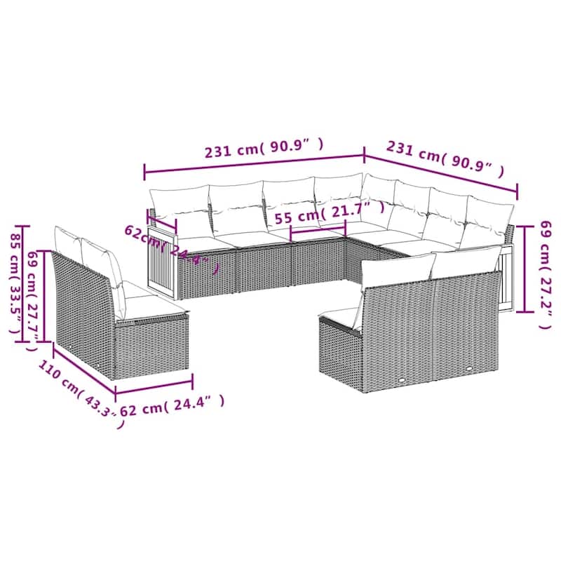 vidaXL Patio Sofa Set with Cushions Outdoor Conversation Furniture Poly Rattan