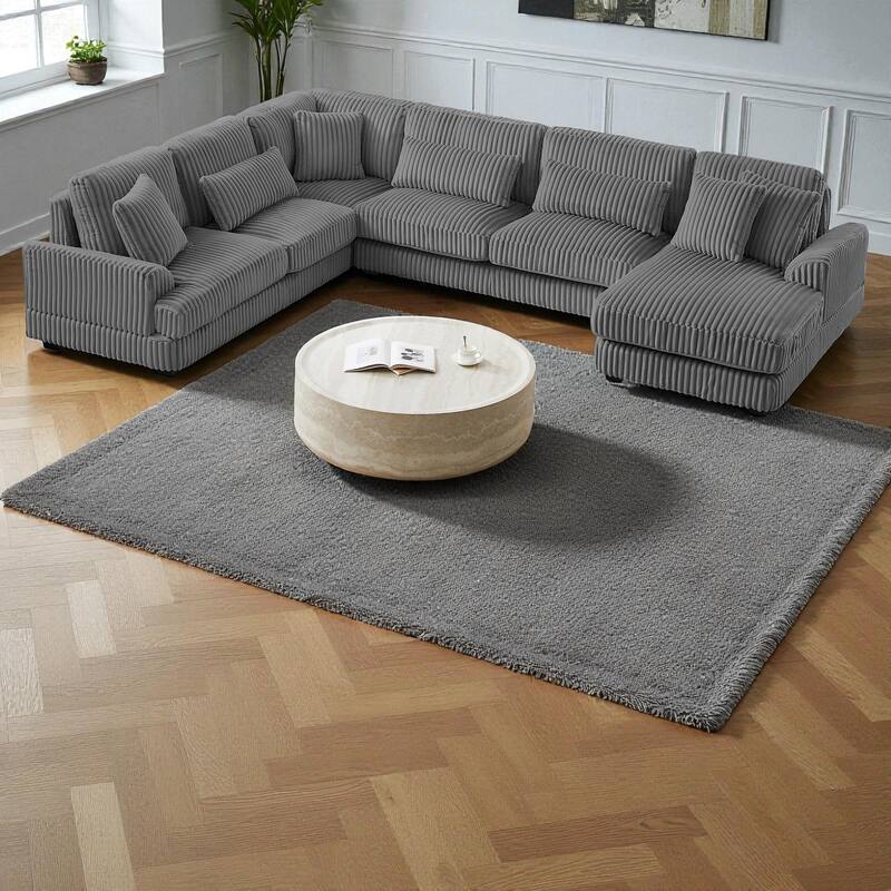 129" Oversized U-Shaped Sectional Sofa with Chaise Lounge, Soft Corduroy Upholstery and Pillows for Living Room