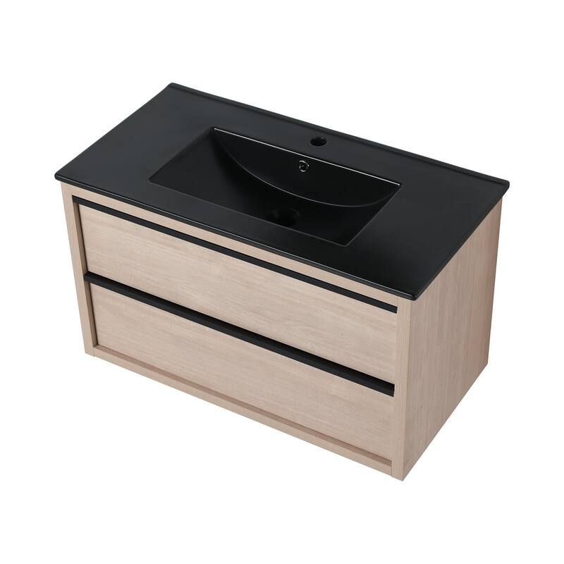 Wall-Mounted Plywood Bathroom Vanity Set in Plain Light Oak with Integrated Sink