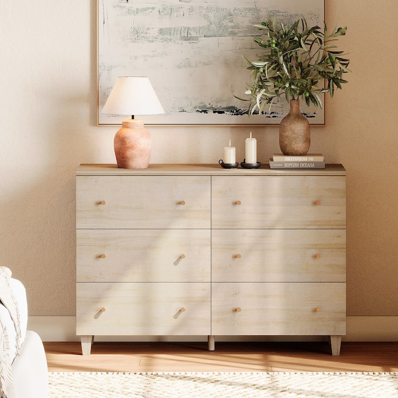 6 Drawers Dresser for Bedroom, Wooden Wide Chest of Drawers