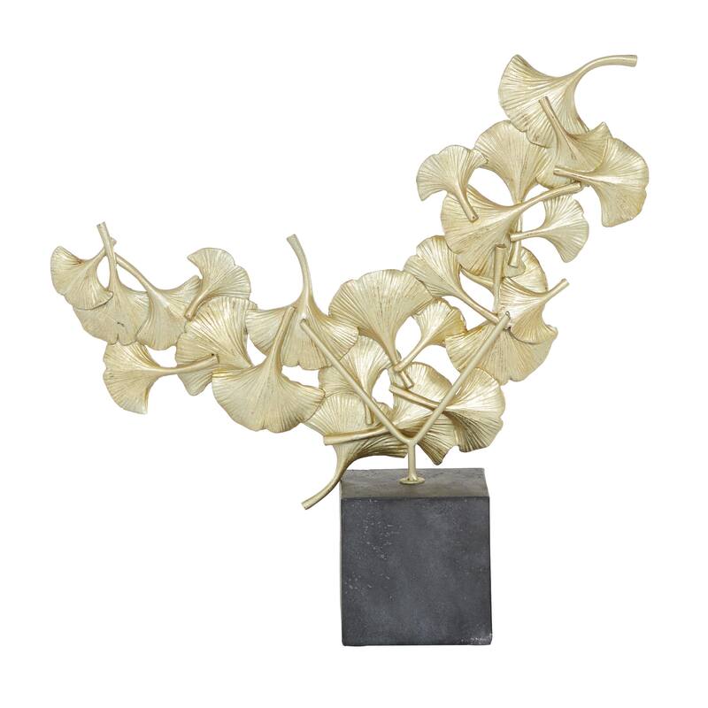 Polystone Floral Handmade Decorative Sculpture with Black Block Base - Gold - CosmoLiving by Cosmopolitan