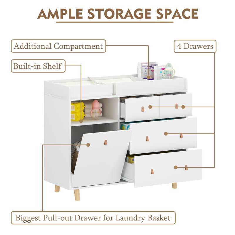 White Nursery Storage Dresser Chest with Changing Table Top,5 Drawers