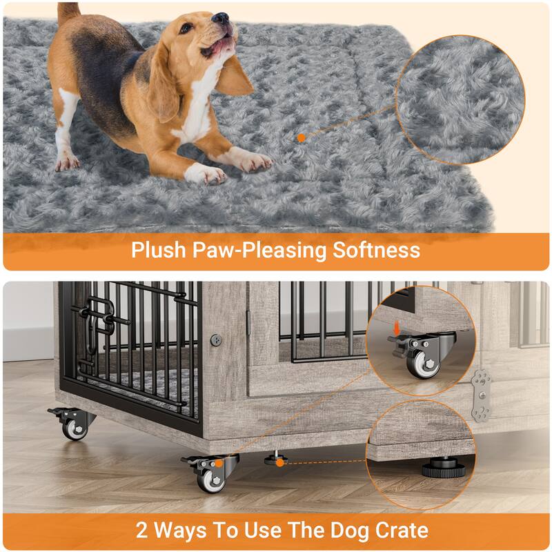 Dog Crate Indoor Heavy Duty Double Doors Wooden Dog Cage with Cushion