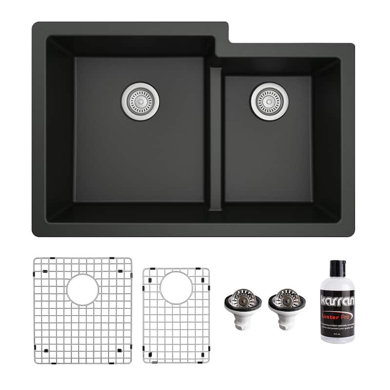 Karran 32" Undermount Large/Small Bowl Quartz Kitchen Sink Kit - 32" x 21.25" x 9" - Black