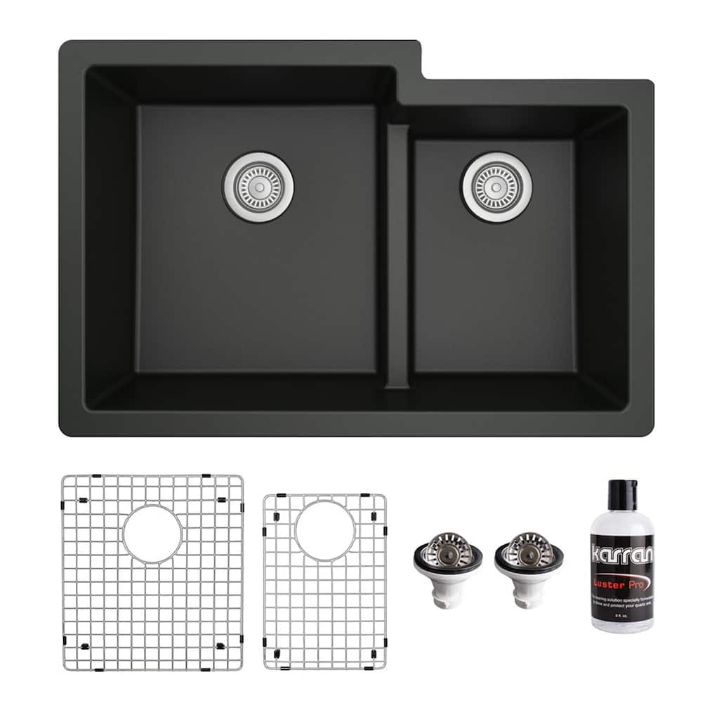 Karran 32" Undermount Large/Small Bowl Quartz Kitchen Sink Kit - 32" x 21.25" x 9"