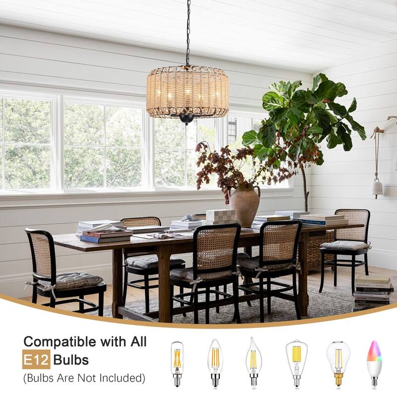 3-Light Classic Hanging Linear Chandelier Light Ceiling Light with Hemp Rope Shade for Kitchen Island