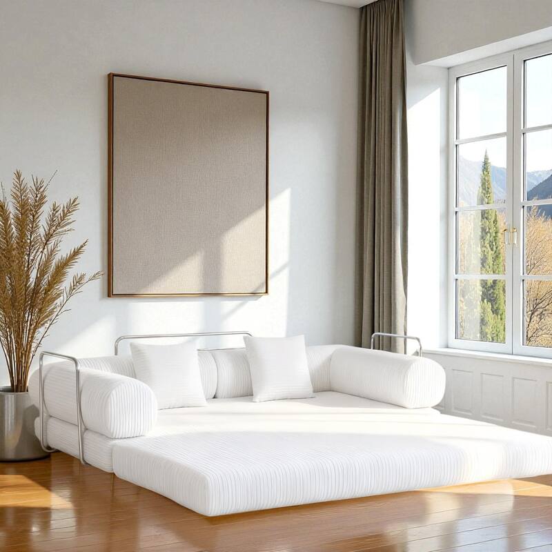 Cream Upholstered Folding Sofa Bed Couch, 78.7" Convertible Floor Sofa for Living Room, Apartment, Bedroom, Compact Spaces