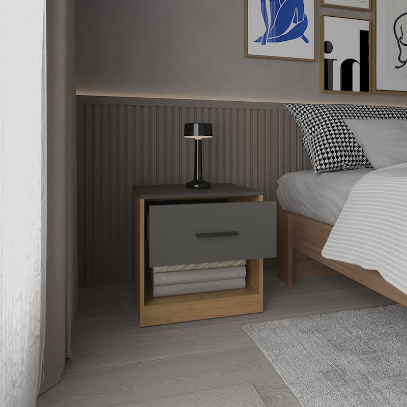 Modern One Drawer Nightstand with Open Shelf, Natural Oak and Matt Gray Finish