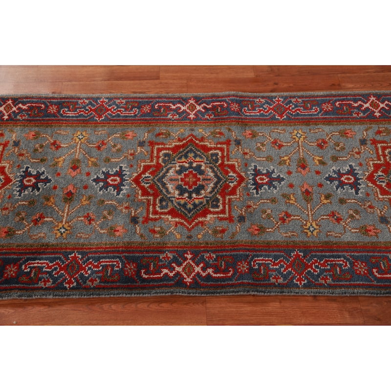 Hand Knotted Oriental 100% Wool Carpet Traditional Geometric Greys & Charcoal Heriz (serapi) Runner Rug - 7' 11'' X 2' 7''