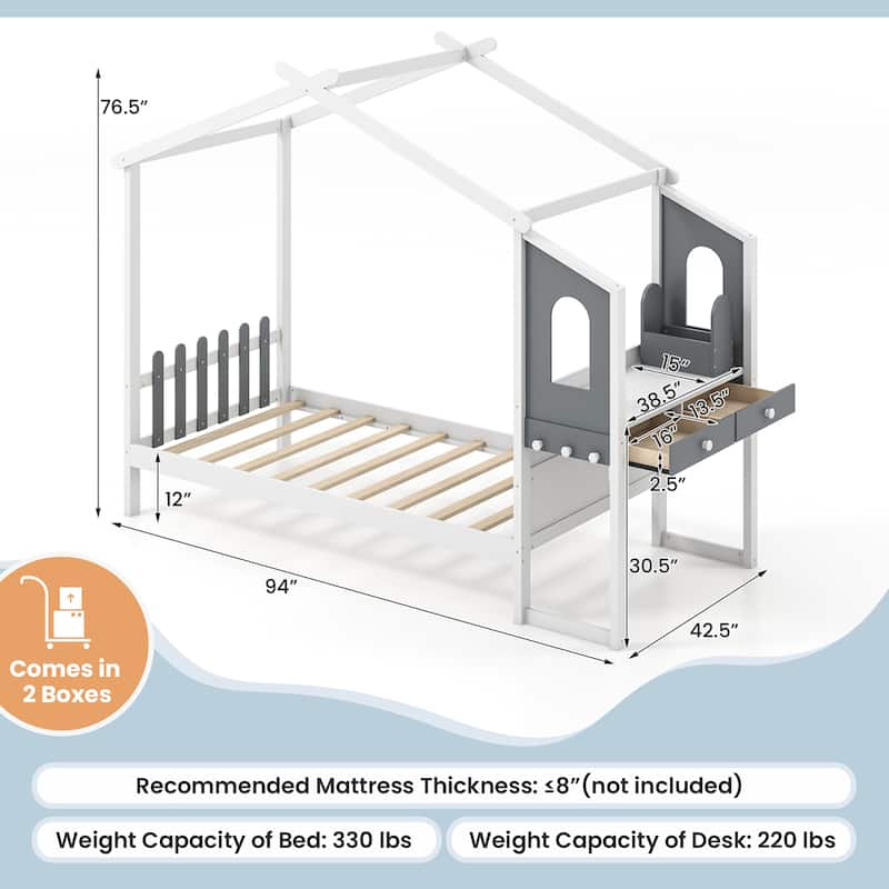 Gymax Twin Size Kids House Bed w/ Study Desk & Removable Box Drawers