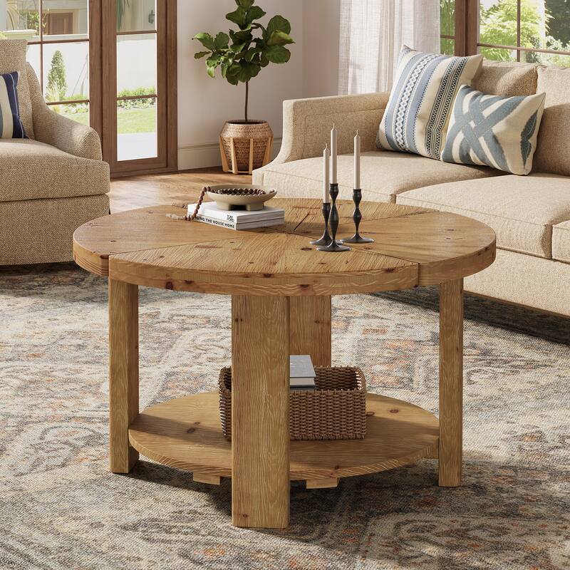 31.5" Round Coffee Table, 2-Tier Farmhouse Solid Wood Coffee Table