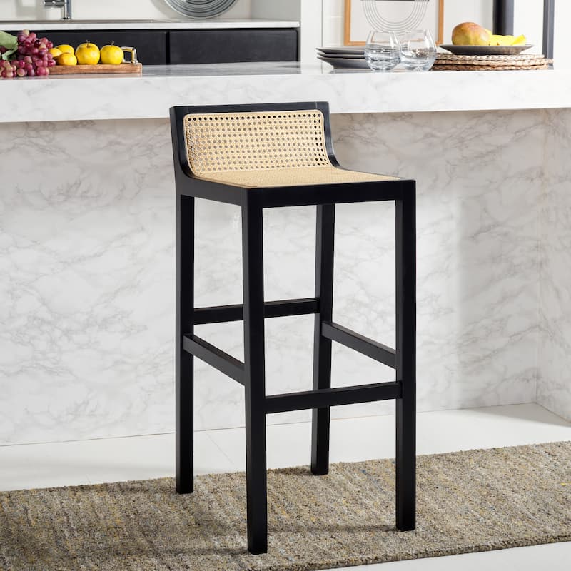 SAFAVIEH Crete Low Back Cane Bar Stool - 16" W x 20" D x 38" H - 16Wx19Dx37H - Black/Natural