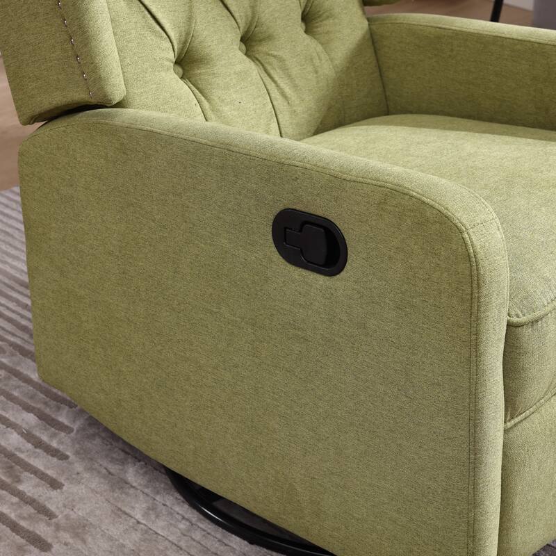 Olive Green Linen 360° Swivel Glider Rocker Manual Recliner with Button-tufted Backrest and Footrest for Living Room, Bedroom
