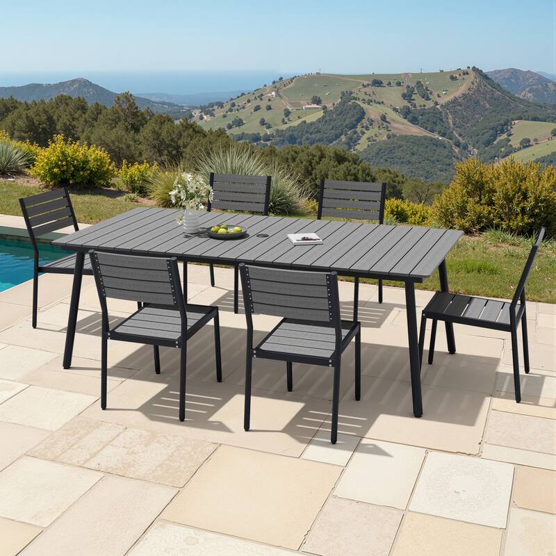 7-Piece Outdoor Patio Dining Set Wood-Like Table Top Alumium Umbrella Hole Table with Stackable Armless Dining Chairs - Grey