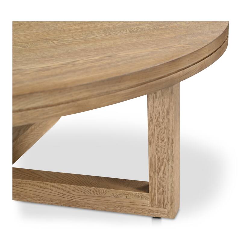 NADAAL STUDIOS Arlisse Coffee Table, Round Top, Solid Oak, Dual‑Layer Top with V‑Groove Iron Crisscross Base, Dark Brown