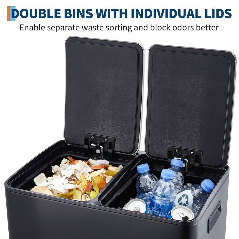 2 x 8 Gallon Dual Compartment Kitchen Trash Can, Garbage Can with Lid
