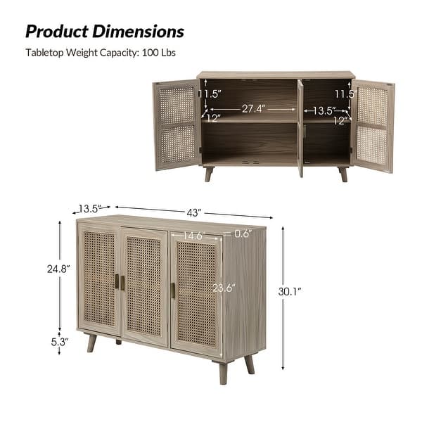dimension image slide 3 of 6, Filippo Traditional Rattan 3-Door Sideboard Cabinet by HULALA HOME