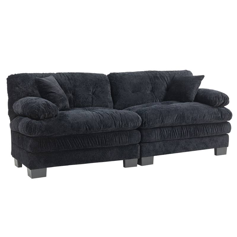 Two-seat Black Breathable Chenille Sofa Sleeper with Dual-Layer Cushion and Two Pillows