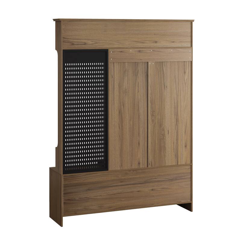 Multi-Purpose Hallway Hall Tree with Removable Linen Bench, Storage Shelves & DIY Pegboard for Entryway & Living Rooms