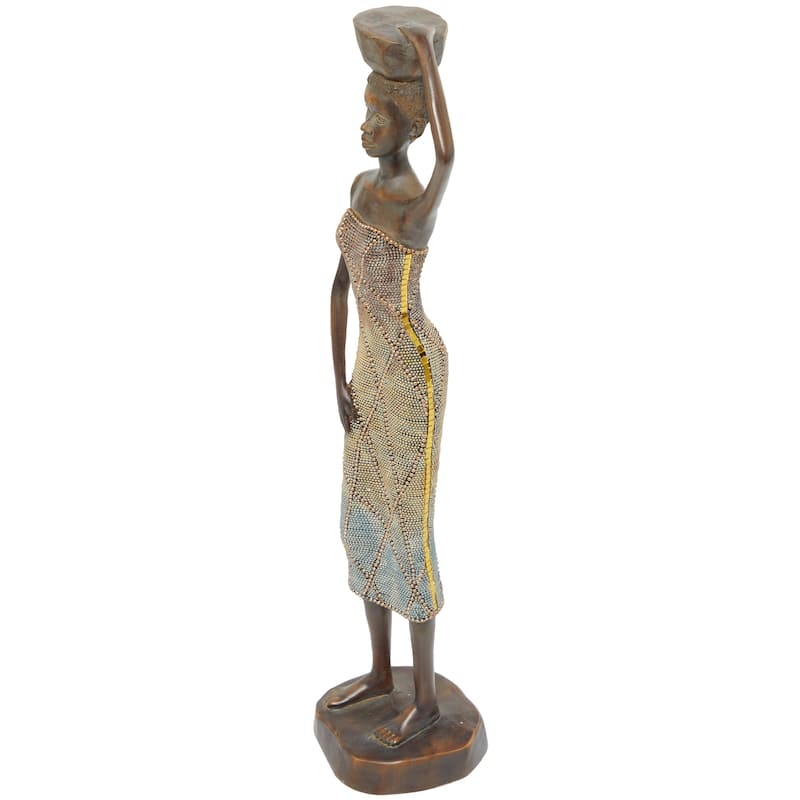 Polystone Woman Standing African Sculpture with Intricate Details - Brown - Roche River Decor - 4"W x 5"L x 22"H