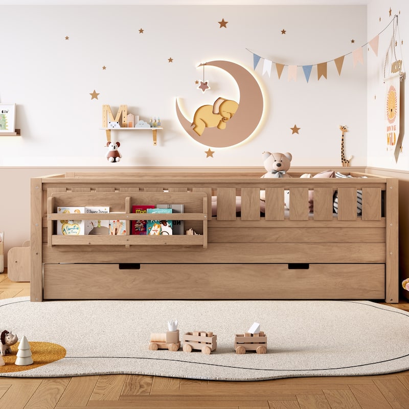 Roomfitters Floor Bed with Bookshelf and Trundle, Low Profile Frame with Step Entry