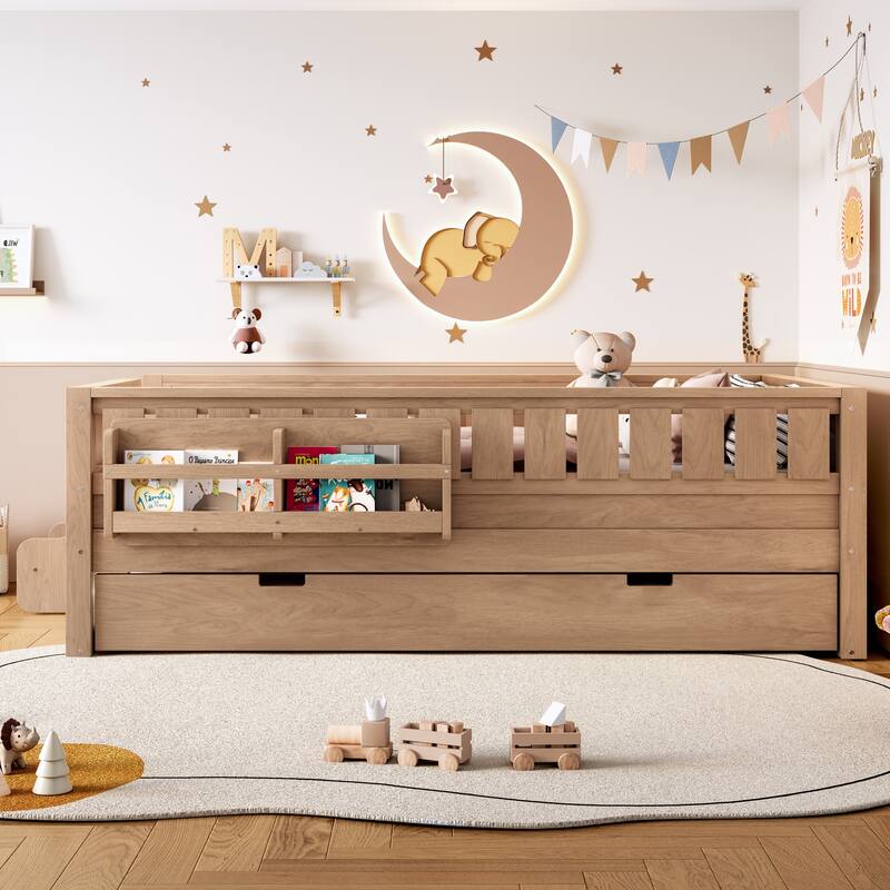 Twin with Built-in Bookshelves and Small Staircase, High-Quality Safety Rails, and Trundle