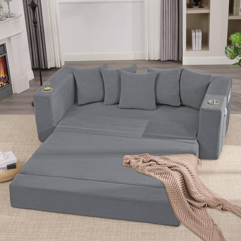 Convertible Corduroy Sleeper Loveseat Sofa Bed 3 Seater Floor Folding Couch with 5 Pillows, Cup Holders and Side Pockets