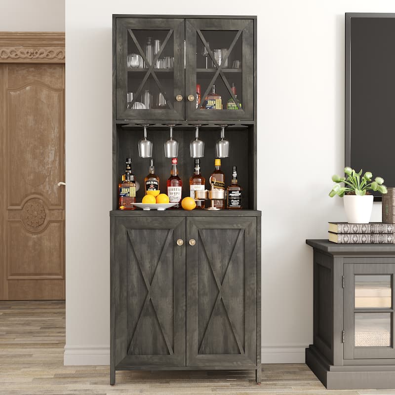 Farmhouse Bar Cabinet for Liquor and Glasses for Dining Room Kitchen Cabinet with Wine Rack - Grey
