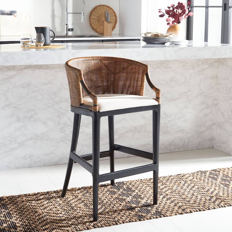 SAFAVIEH Brando Solid Wood Rattan 30-inch Seat Height Bar Stool (Fully Assembled) - 22.3" W x 20.5" L x 39" H
