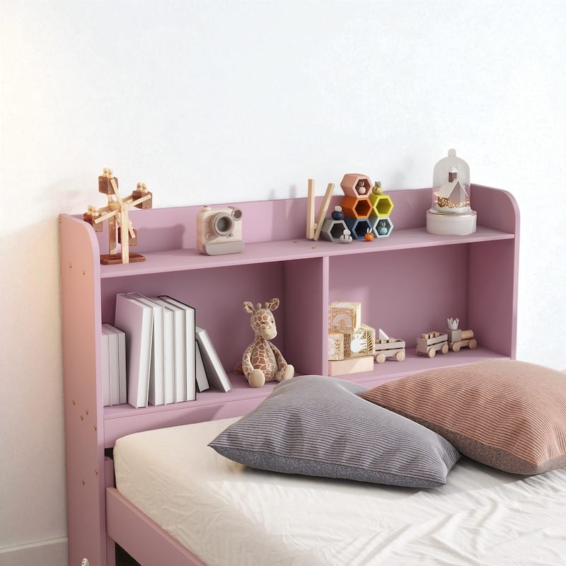 Twin/Full Bed Frame with Pull-Out Trundle and Bookcase Headboard, No Box Spring Needed