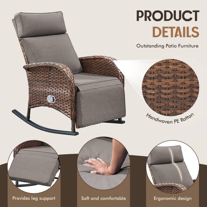 Meyreso Wicker Rocking Reclining Chaise Lounge with Adjustable Backrest & Footrest (4-Pack)