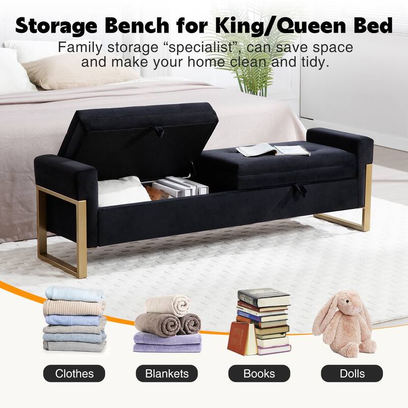 66" Storage Bench King Size End of Bed with Double Lids and Gold Legs