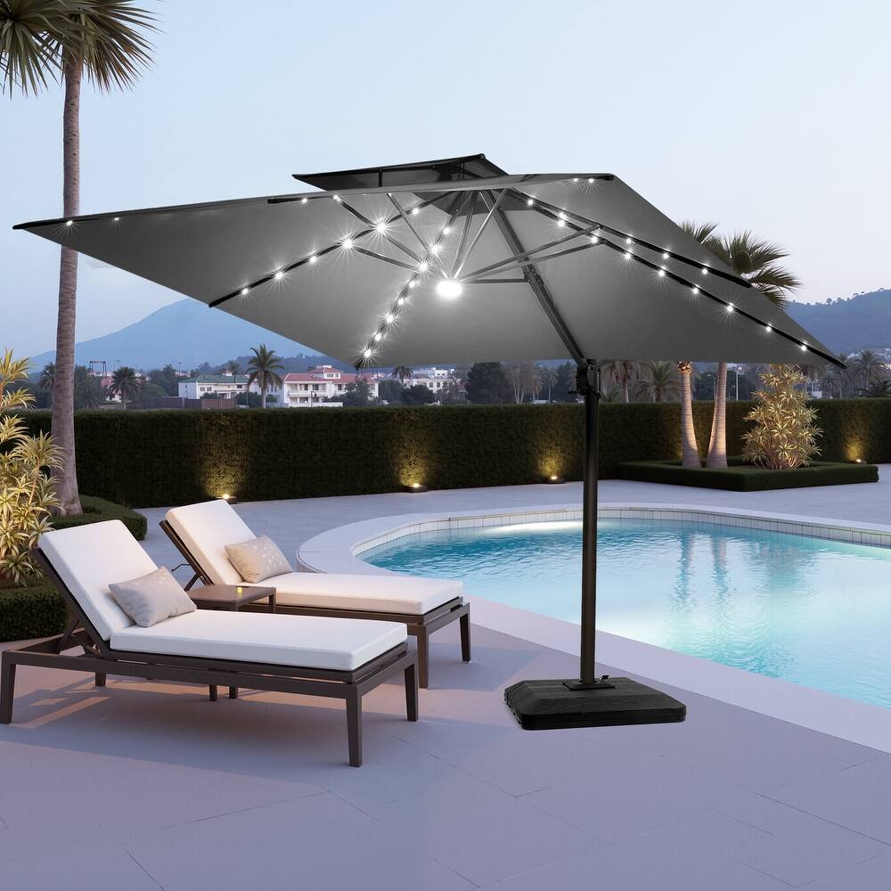 VredHom 11X11 FT Outdoor Square Cantilever Patio Umbrella Aluminum Solar LED Light with HDPE Base